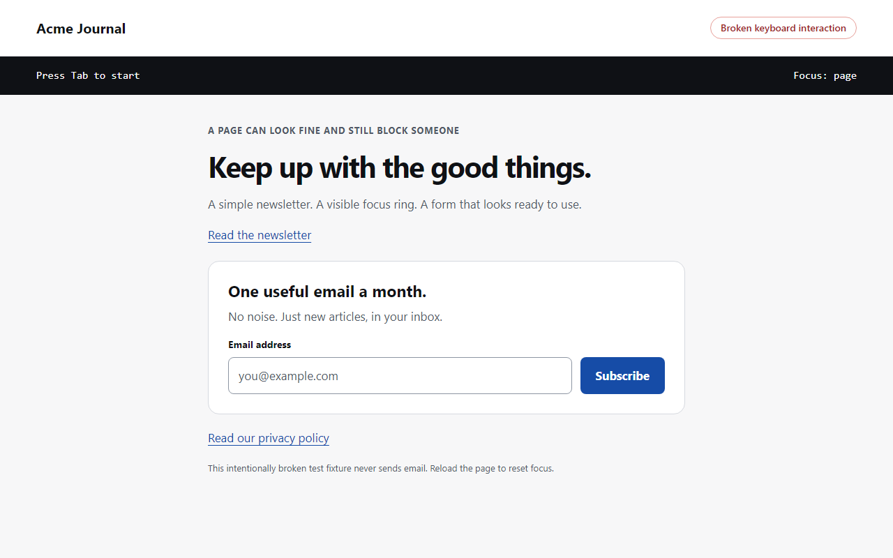 A newsletter form with a visible focus ring can still trap keyboard navigation. The demo shows the bug and its fix.